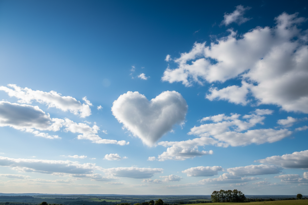 pretty blue sky with clouds and one cloud in specific turns into a heart shape 